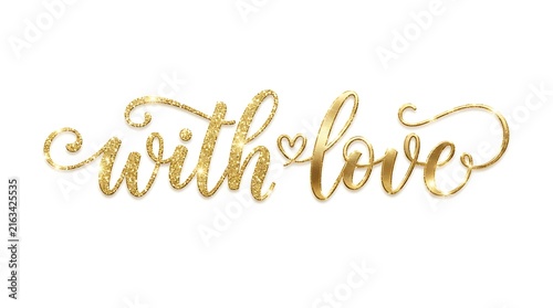 Elegant gold cursive lettering with love text design featuring a small heart symbol for romantic greeting cards