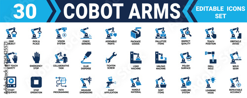 Set of thirty collaborative robot arm icons for industrial automation manufacturing and factory process Minimal solid fill icon set bundle collection. Editable Vector Illustration Mega pack
