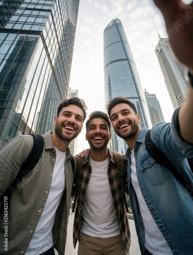 Three smiling men take a selfie with backpacks in a modern city. They are friends enjoying a vacation trip together, capturing cityscapes and memories.