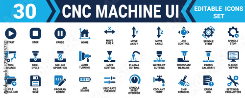 Set of thirty flat vector icons for cnc machine user interface control panel and industrial manufacturing Minimal solid fill icon set bundle collection. Editable Vector Illustration Mega pack