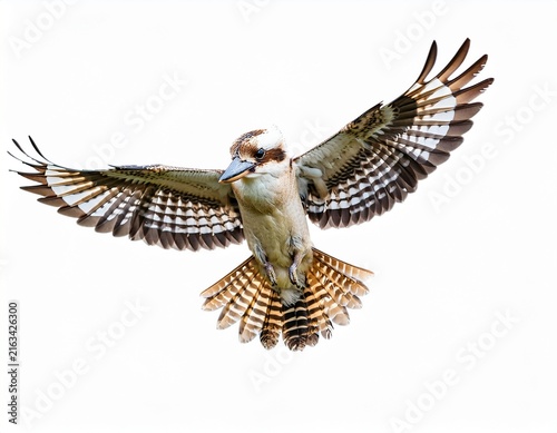 kookaburra bird flying in the air with open wingspan isolated on white or white background