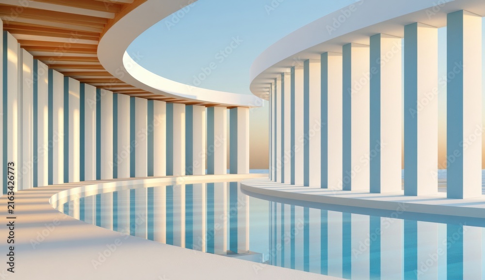 Fototapeta premium Minimalist 3D rendering of curved white colonnade and reflective pool at soft sunset light