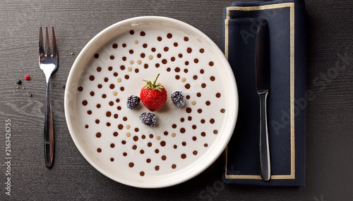 white plate with dessert dots and a berry framed by cutlery