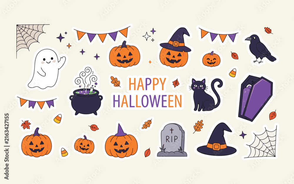 Fototapeta premium Cute Halloween sticker collection, spooky festive elements, pumpkin ghost decorations, adorable autumn vector illustration bundle design artwork