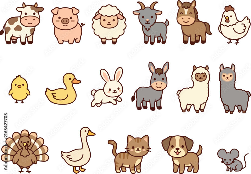Naklejka premium Cute Farm Animals Domestic Livestock and Pets Vector Sticker Set