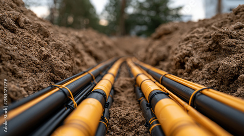 Industrial fiber optic and electrical cables laid inside a deep underground trench at a construction site. Perfect concept for telecommunications infrastructure and modern.