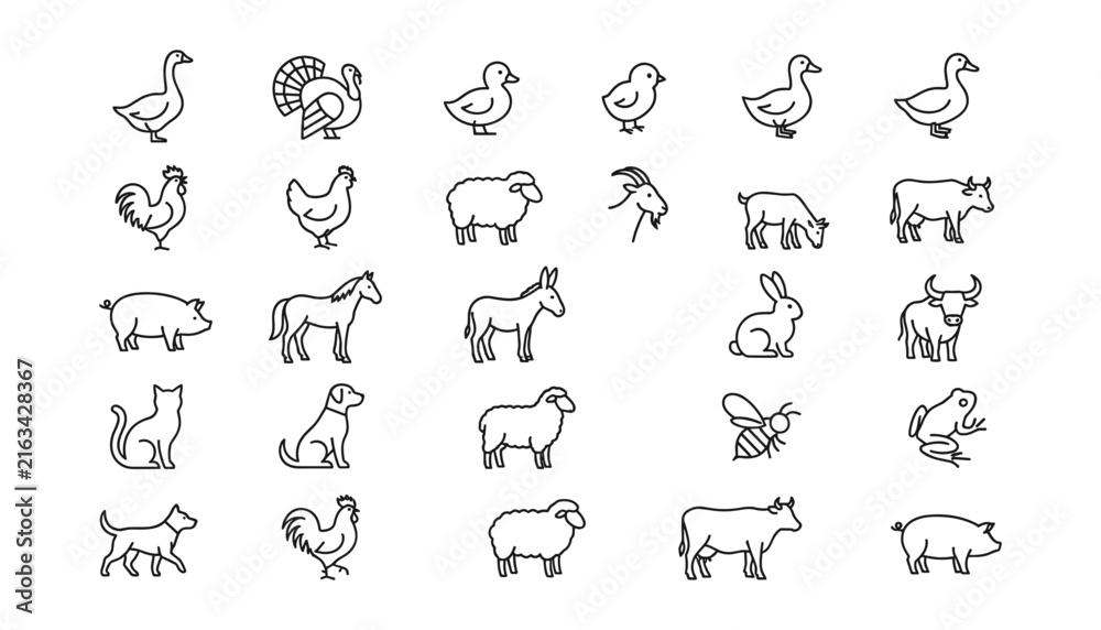 Obraz premium Farm Animals and Rural Livestock Line Icon Set Featuring Poultry, Cattle, Sheep, Horse, Pig, and Domestic Pets for Countryside Agriculture Designs