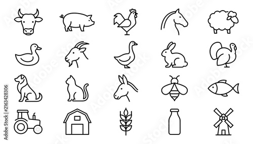 Farm Animals and Agriculture Thin Line Icon Set Featuring Livestock, Tractor, Barn, Windmill, Poultry, and Domestic Pets for Countryside Graphic Designs