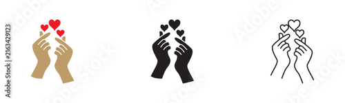 Finger heart icon set. Korean hand gesture love black red outline symbol design. Romance cute affection valentine background. Vector icon.
