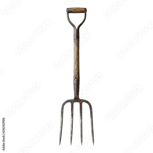 Fotografía Vintage garden pitchfork with wooden handle isolated on white background