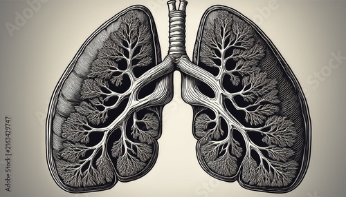 detailed anatomical lungs with bronchial tree in vintage engraving style