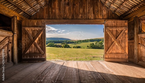 old wooden barn interior with open doors revealing a scenic rural landscape