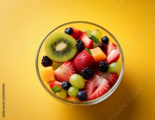 fresh and colorful fruit salad in a glass bowl with strawberries grapes kiwi and blackberries against a vibrant yellow background