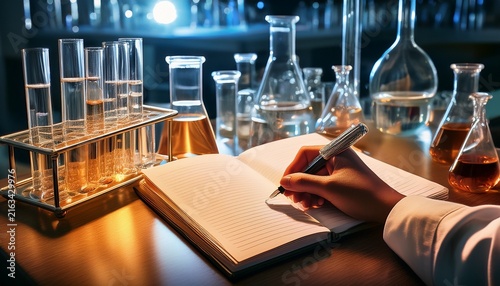 hand writing notes in an open lab notebook surrounded by flasks and test tubes on a chemistry bench under warm dim laboratory light