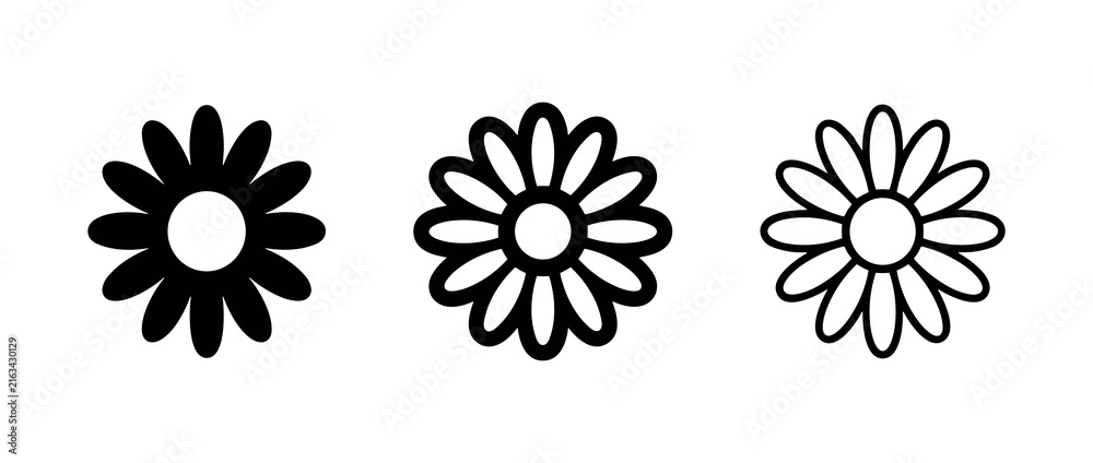 Naklejka premium Classic daisy flower icon set, illustrating nature, innocence, and simplicity in solid, outline, and line art versions.