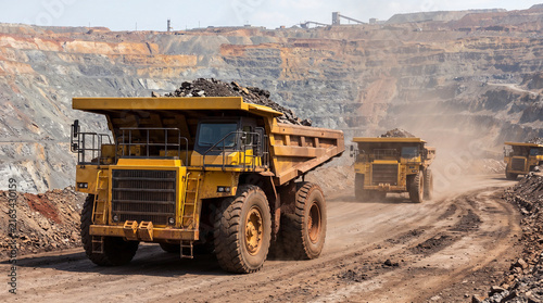 Massive haul trucks transporting rock through open pit mine, heavy industrial mining operation with excavation, mineral extraction and large scale resource production.