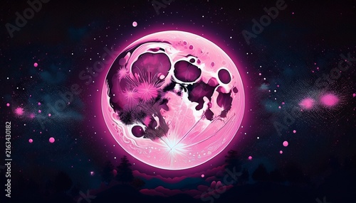 a full pink moon isolated on a black background with a starry sky