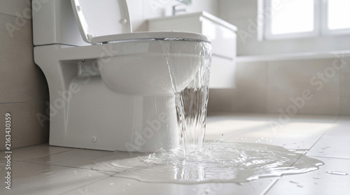 Overflowing toilet flooding bathroom floor with water, emergency plumbing problem, clogged drain, property damage.