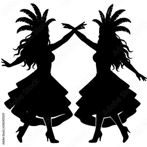 Black silhouettes of two cabaret showgirls in feathered headdresses and tiered dresses - design for carnival party invitations, dance studio posters, and retro theater flyers. JPEG version.