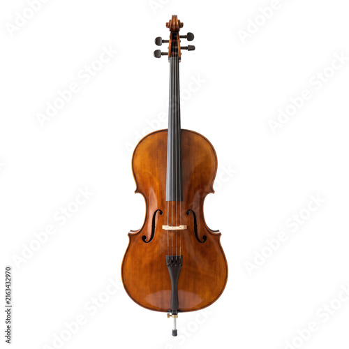фотографія Acoustic cello with a rich brown polished wood finish isolated on a white backgr