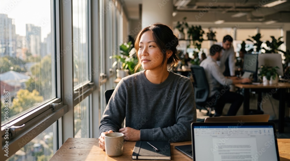 Fototapeta premium A woman sits at her desk looking out a window into warm sunlight. She takes a mindful break to prevent burnout and set boundaries. Ideal for corporate wellness and mental health content.