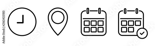 Location, Calender and Time vector icon set  with editable stroke. Time location calendar line icon set. Clock and pin concepts. schedule appointment symbols. date confirmation indicators.