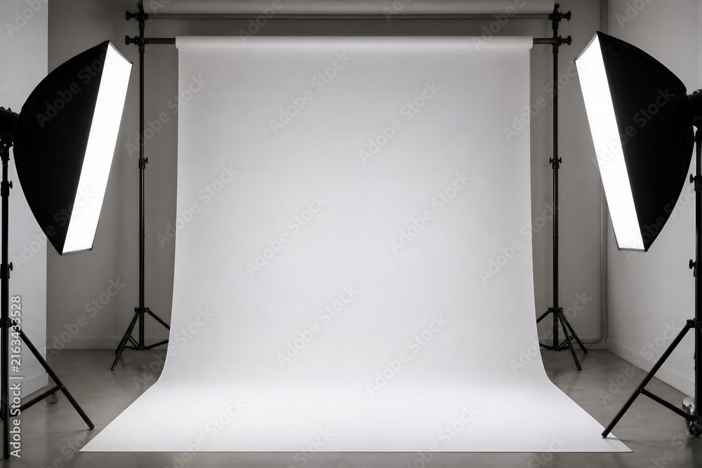 Naklejka premium Empty backdrop set with studio lights and support stands in room