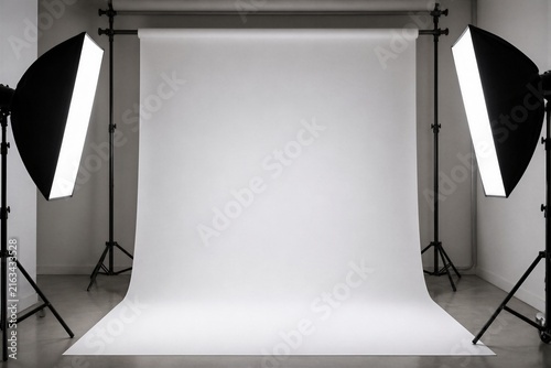 Empty backdrop set with studio lights and support stands in room