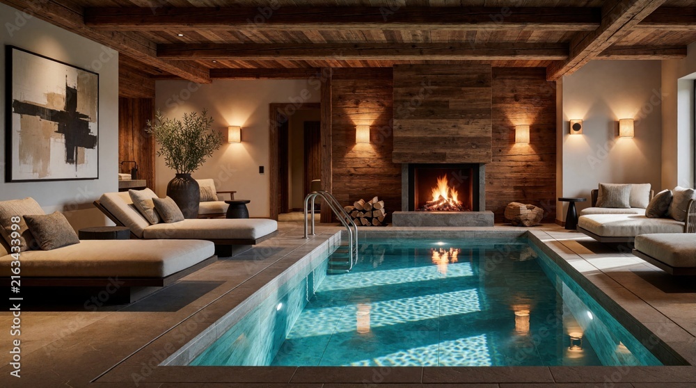 Naklejka premium Luxury hotel suite features private indoor swimming pool, modern wood interior. Cozy fireplace burns in rustic living room. Stylish lounge chairs, warm lighting create calm atmosphere for relaxation.