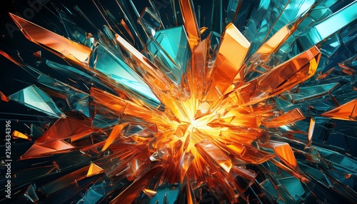 a dramatic explosion of shattered glass sharp reflective shards in contrasting orange and teal radiate outward against a dark background