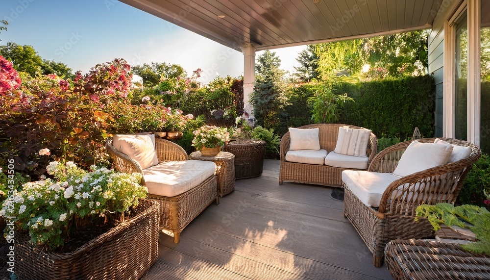 Fototapeta premium serene patio oasis wicker furniture amidst lush blooming flowers and greenery bathed in warm sunlight