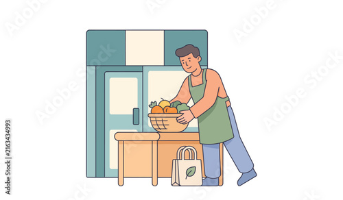 Картината върху платно Male Fruit Vendor Displaying Basket Of Fresh Fruits At Local Market Stand, Flat