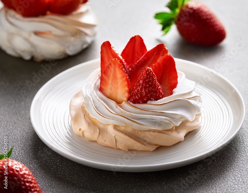 strawberry meringue nest on a white dish