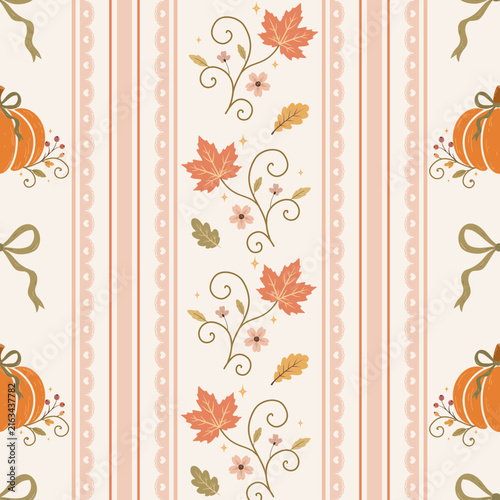 Autumn Pumpkin Maple Leaf Vertical Stripe Seamless Pattern. Seamless autumn vertical stripe design featuring pumpkins, maple leaves, delicate botanical vines, ribbons, and decorative lace details in w