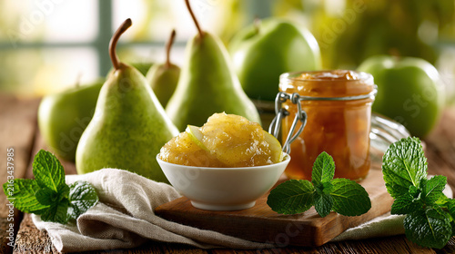 Fresh pears with pear butter on a rustic wooden board