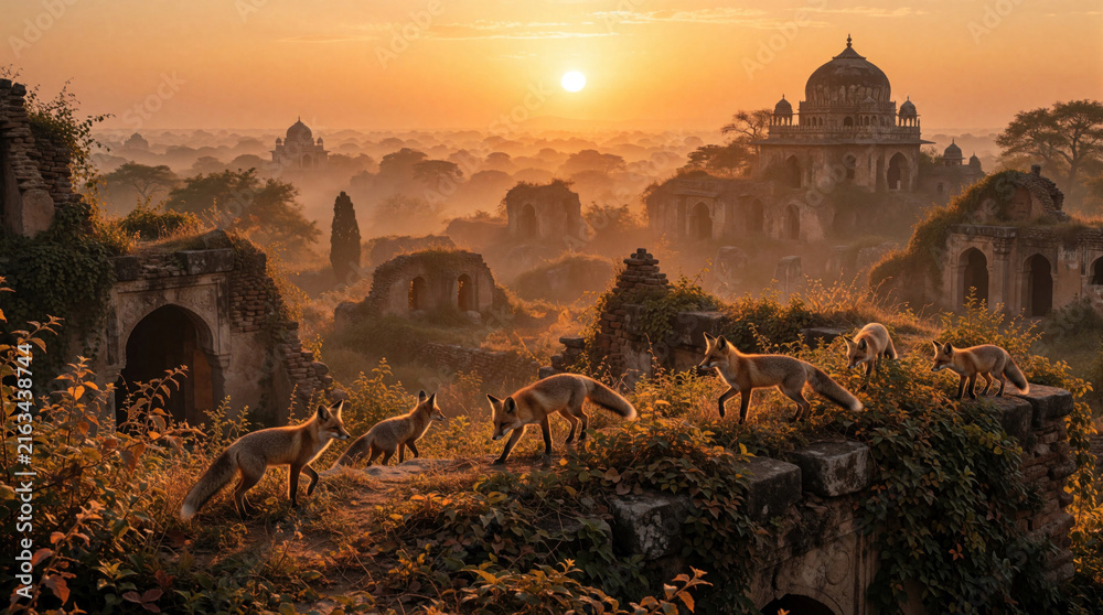Naklejka premium Foxes wander through ancient ruins at golden sunset. Wild animals explore overgrown historic site bathed in warm, atmospheric light. Serene wildlife scene at dusk.