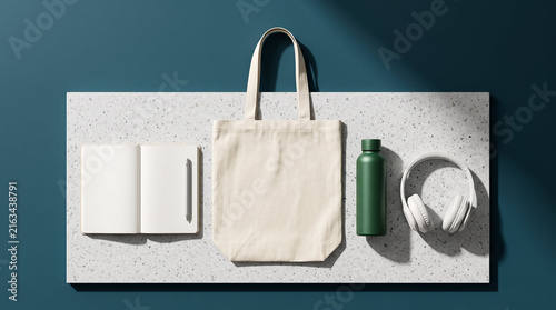 Cream canvas tote bag and green reusable bottle with blank notebook and headphones on terrazzo slab against teal backdrop