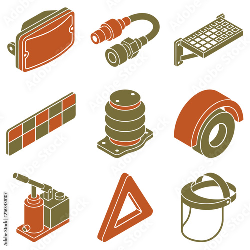 Industrial and construction isometric icon set for equipment and