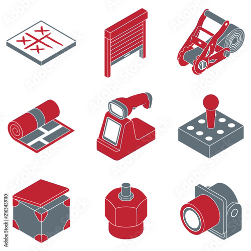 Isometric icons set with various red and grey objects