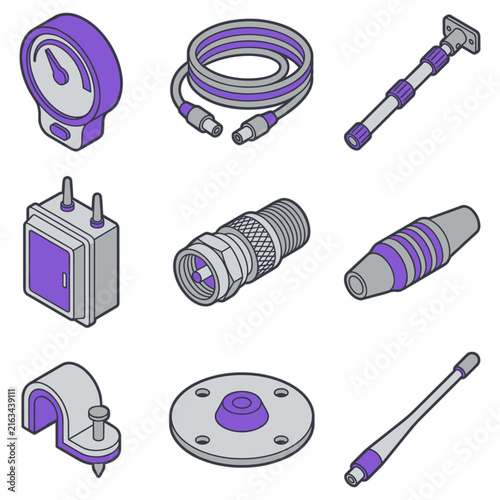 Isometric electronics and plumbing parts icon set