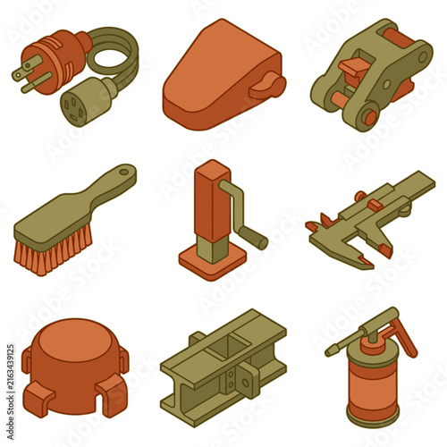 Industrial tools and machinery parts isometric icon set