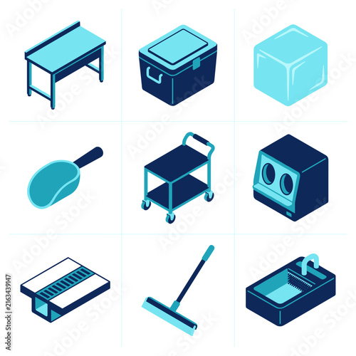 A set of kitchen and cleaning equipment pixel icons