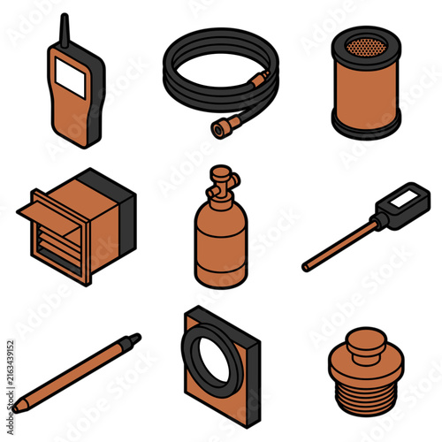 Industrial equipment icon set including a radio hose and tank