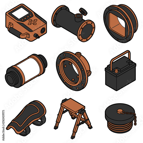 Industrial equipment icon set featuring various tools