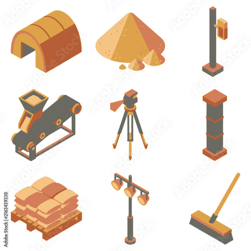 Industrial construction isometric icons set