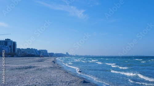 City beach with gentle waves and seagulls. Blue waves gently lapping a sandy city beach on a sunny day, with seagulls flying over the water and modern buildings visible along the coastline