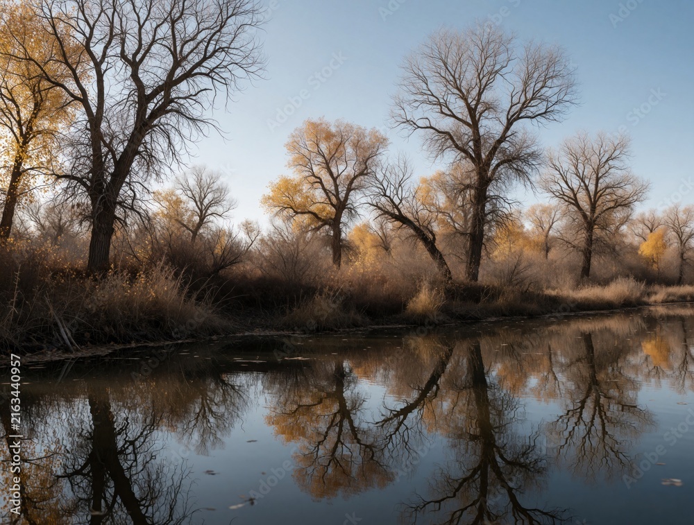 Naklejka premium Bare trees and dry grass line a calm lake reflecting the muted autumn colors under a clear blue sky. Water mirrors the stark branches and pale yellow foliage of the peaceful park.