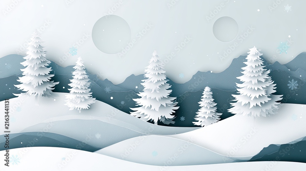 Fototapeta premium Paper-cut winter landscape with snow-covered trees and mountains