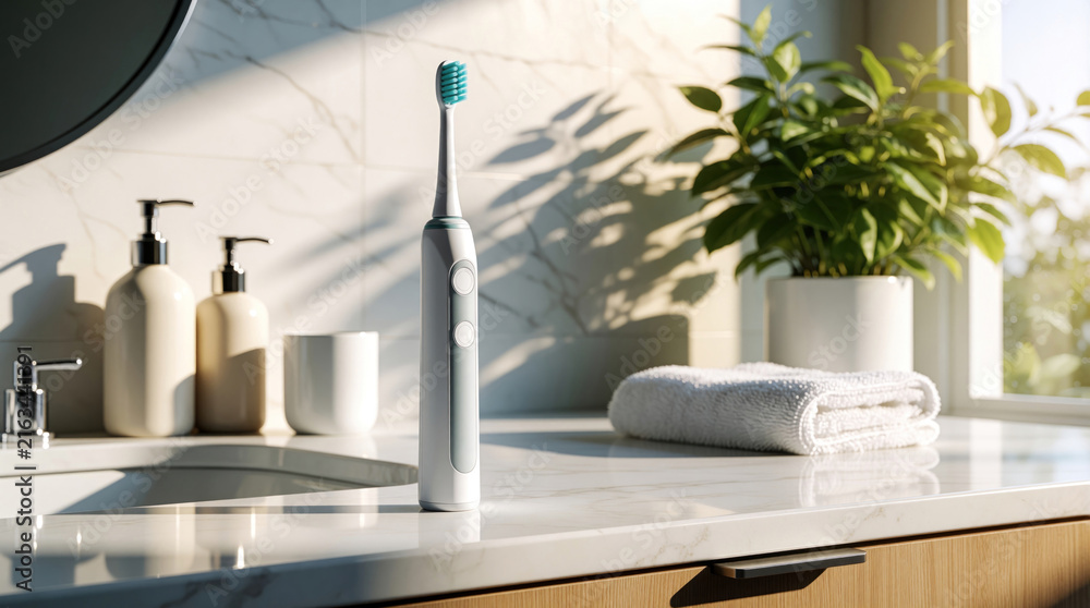 Fototapeta premium Modern electric toothbrush rests on bathroom counter. Sunlight streams through window, illuminating clean white counter and green plant. Includes soap dispensers and folded towel.