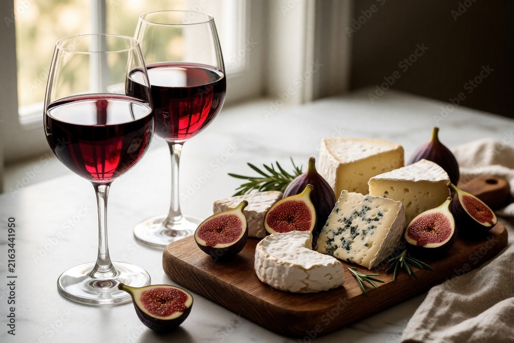 Naklejka premium Two glasses of red wine sit beside a wooden board with assorted cheeses and fresh figs. Rosemary sprigs accent the elegant food platter, perfect for gatherings or a quiet evening.